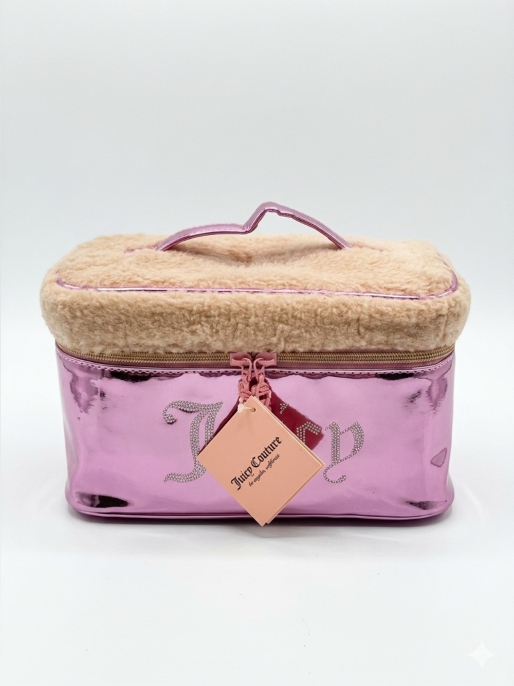 Juicy Couture pink metallic Sherpa zip top cosmetic bag NWT